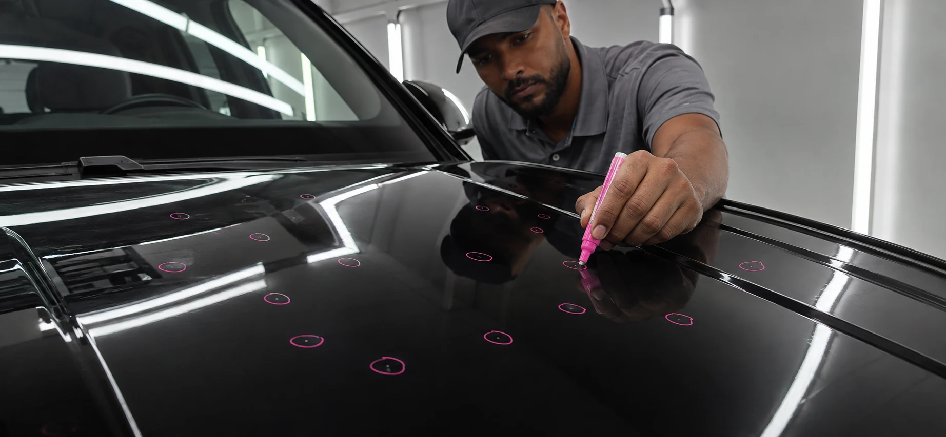 AI illustration of a technician carefully circling small hail dents with a pink marker under bright inspection lights